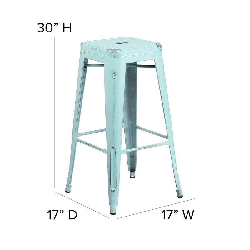 Commercial Grade 30" High Backless Distressed Green-Blue Metal Indoor-Outdoor Barstool