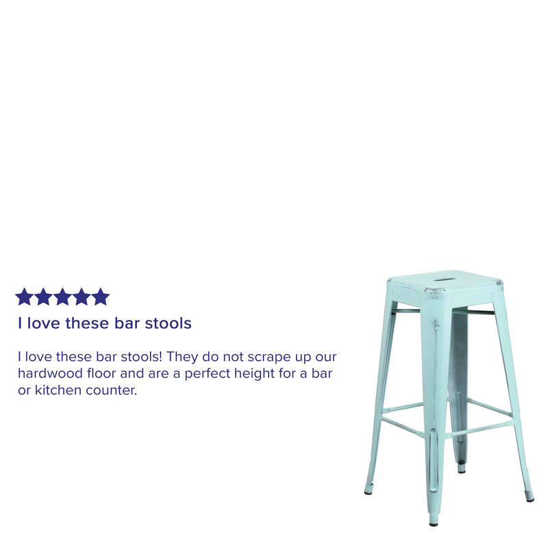 Commercial Grade 30" High Backless Distressed Green-Blue Metal Indoor-Outdoor Barstool