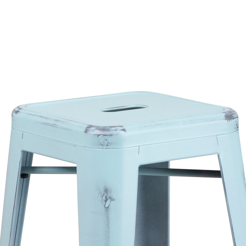 Commercial Grade 30" High Backless Distressed Green-Blue Metal Indoor-Outdoor Barstool