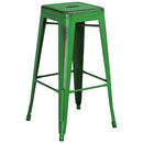 Commercial Grade 30" High Backless Distressed Green Metal Indoor-Outdoor Barstool