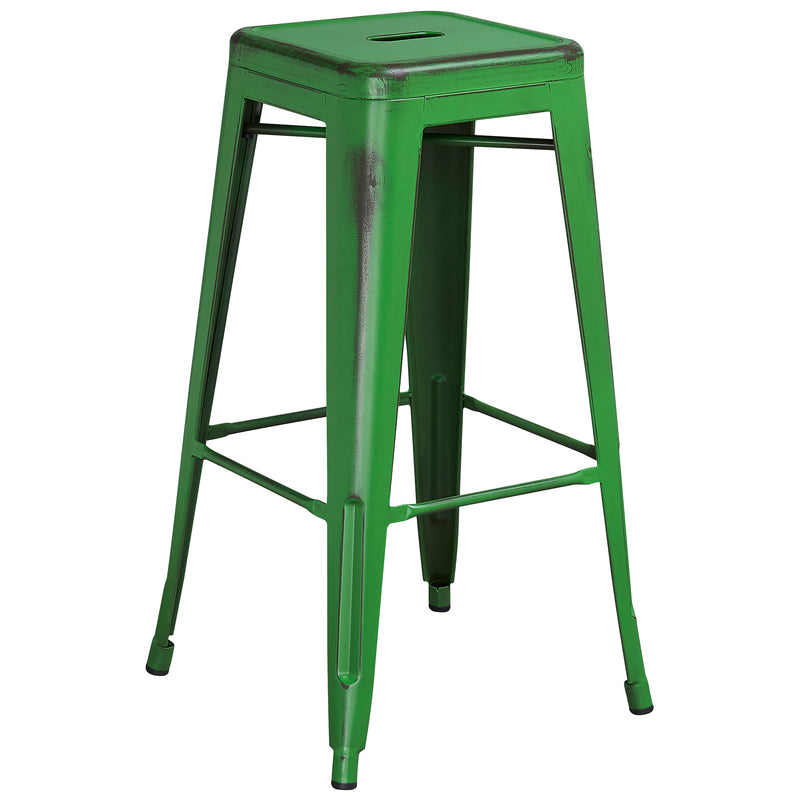 Commercial Grade 30" High Backless Distressed Green Metal Indoor-Outdoor Barstool