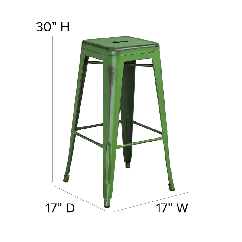 Commercial Grade 30" High Backless Distressed Green Metal Indoor-Outdoor Barstool