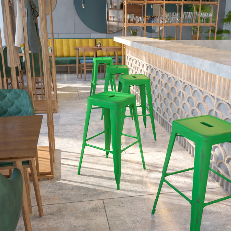 Commercial Grade 30" High Backless Distressed Green Metal Indoor-Outdoor Barstool