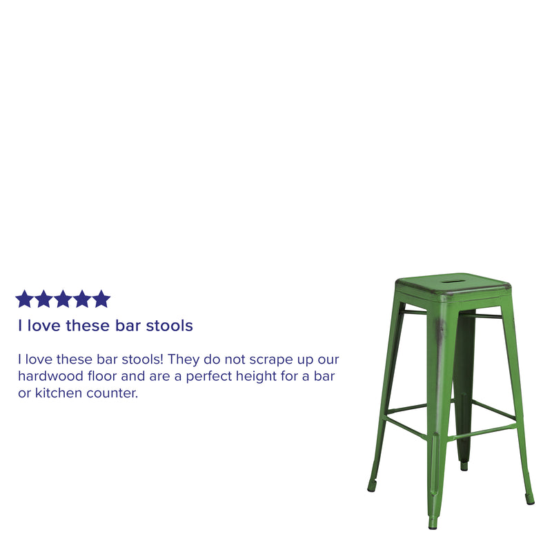 Commercial Grade 30" High Backless Distressed Green Metal Indoor-Outdoor Barstool