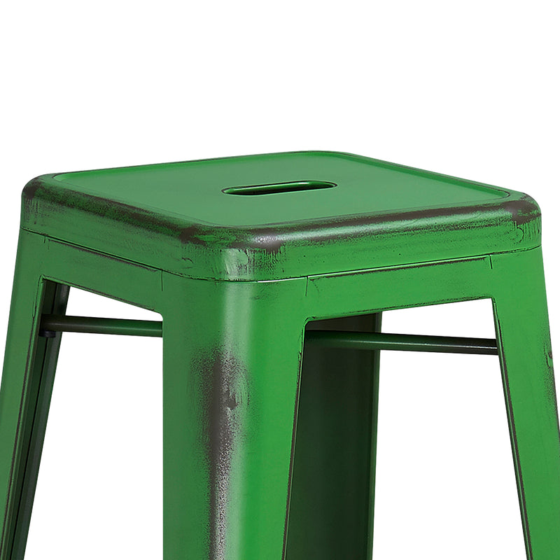 Commercial Grade 30" High Backless Distressed Green Metal Indoor-Outdoor Barstool