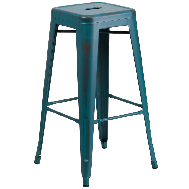 Commercial Grade 30" High Backless Distressed Kelly Blue-Teal Metal Indoor-Outdoor Barstool