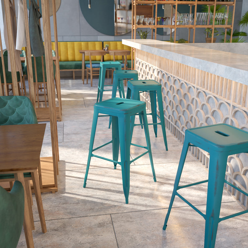 Commercial Grade 30" High Backless Distressed Kelly Blue-Teal Metal Indoor-Outdoor Barstool