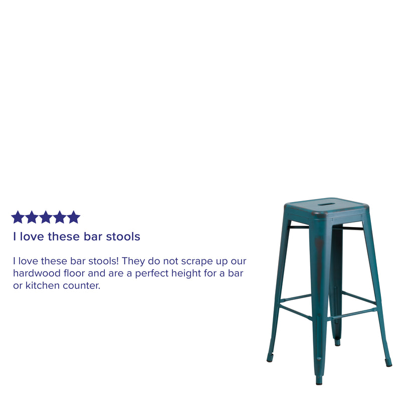 Commercial Grade 30" High Backless Distressed Kelly Blue-Teal Metal Indoor-Outdoor Barstool