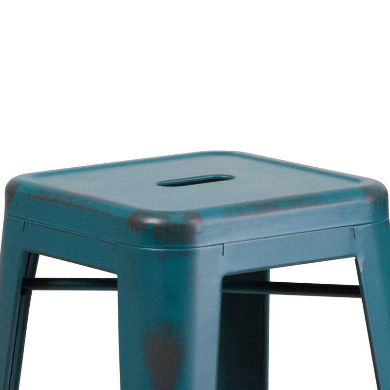 Commercial Grade 30" High Backless Distressed Kelly Blue-Teal Metal Indoor-Outdoor Barstool