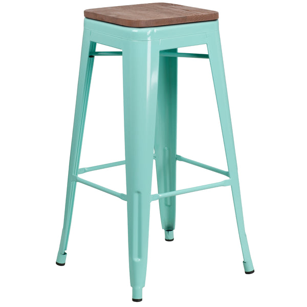 30" High Backless Mint Green Barstool with Square Wood Seat