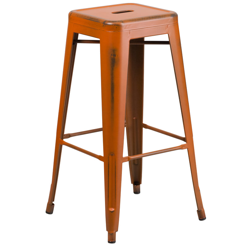 Commercial Grade 30" High Backless Distressed Orange Metal Indoor-Outdoor Barstool