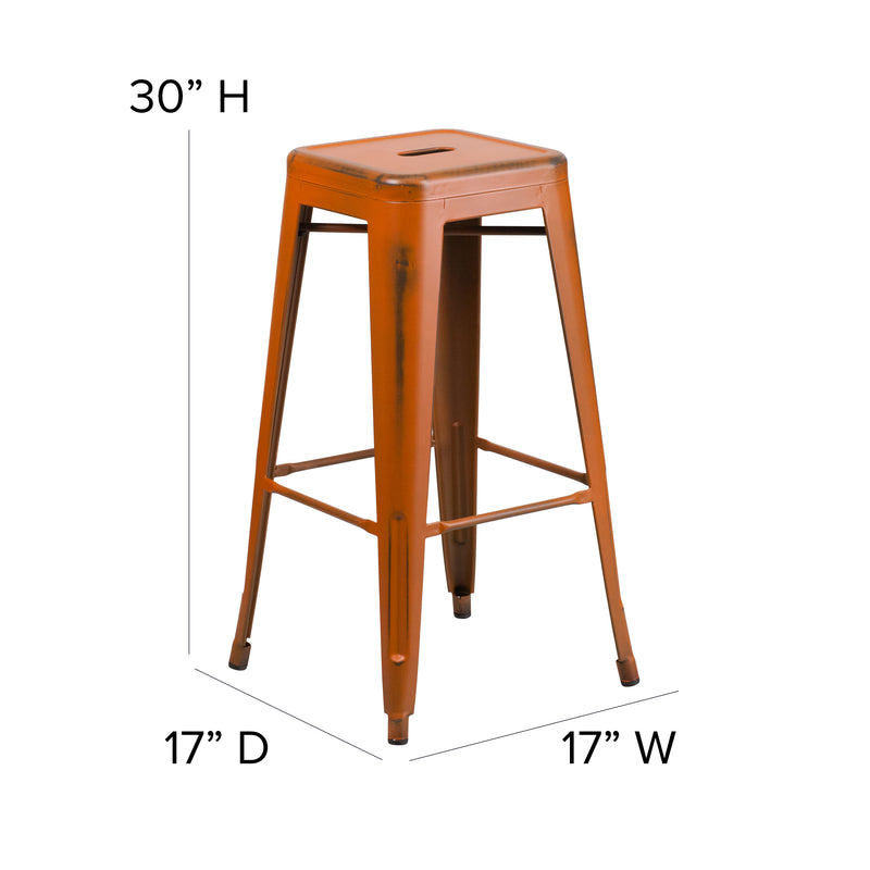 Commercial Grade 30" High Backless Distressed Orange Metal Indoor-Outdoor Barstool