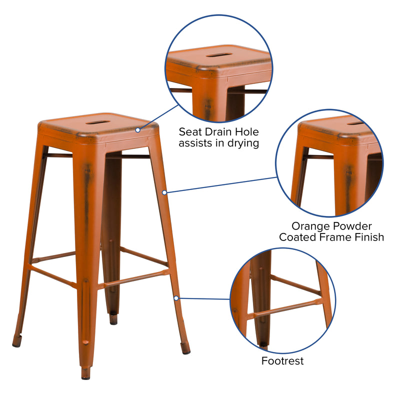 Commercial Grade 30" High Backless Distressed Orange Metal Indoor-Outdoor Barstool