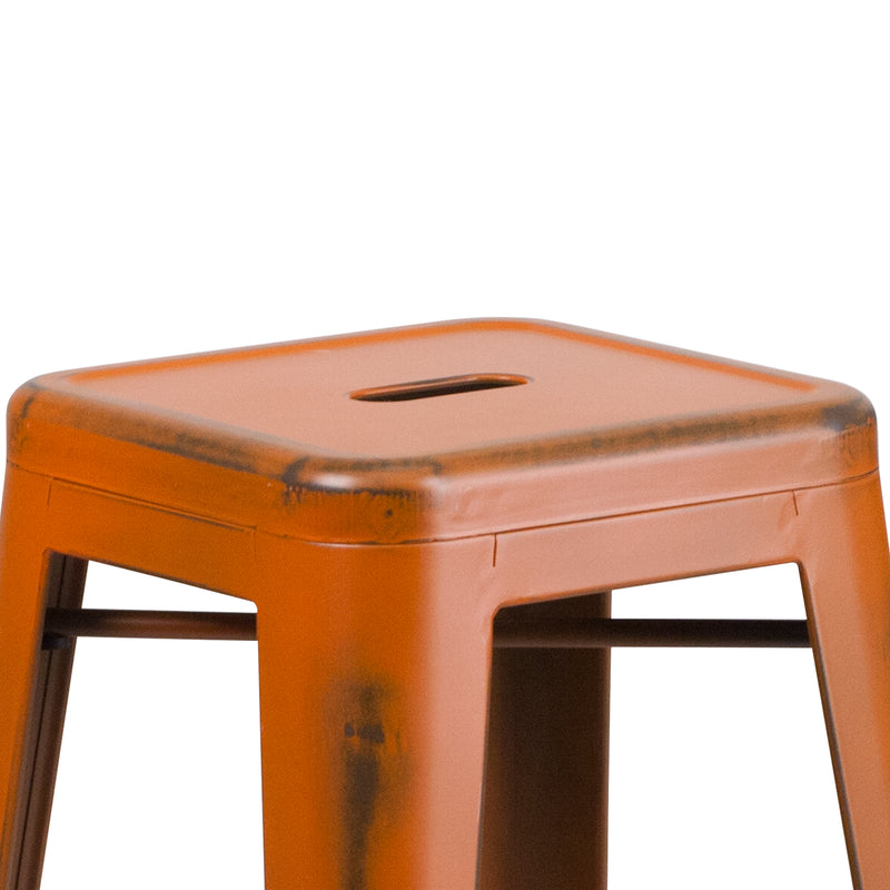 Commercial Grade 30" High Backless Distressed Orange Metal Indoor-Outdoor Barstool