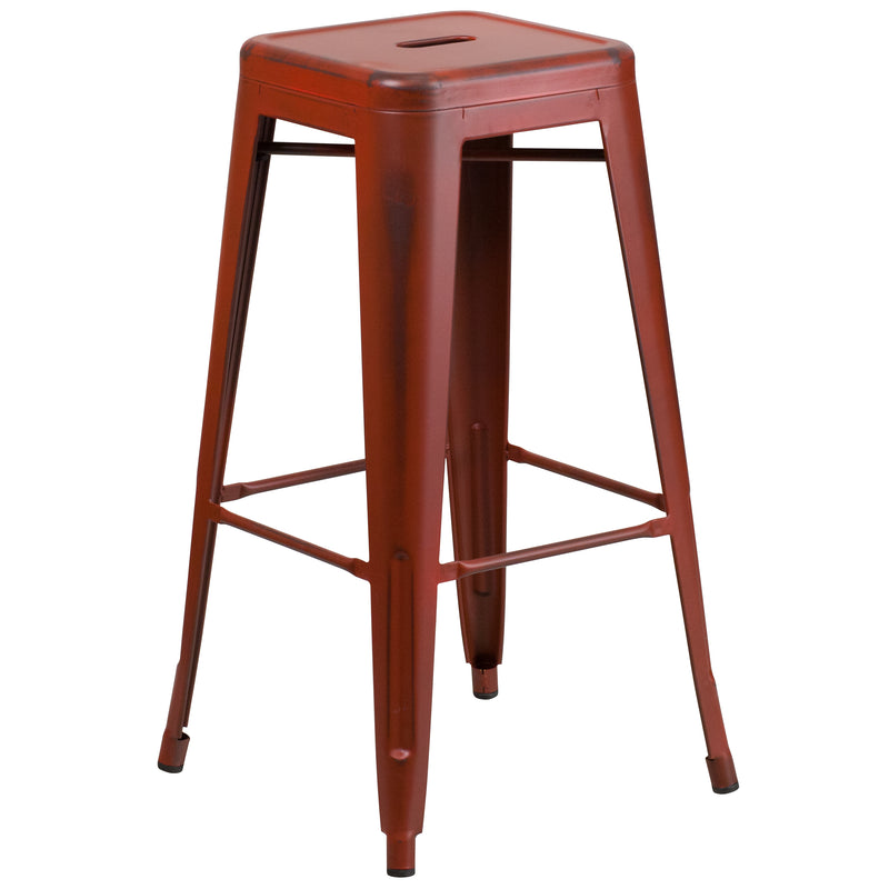 Commercial Grade 30" High Backless Distressed Kelly Red Metal Indoor-Outdoor Barstool