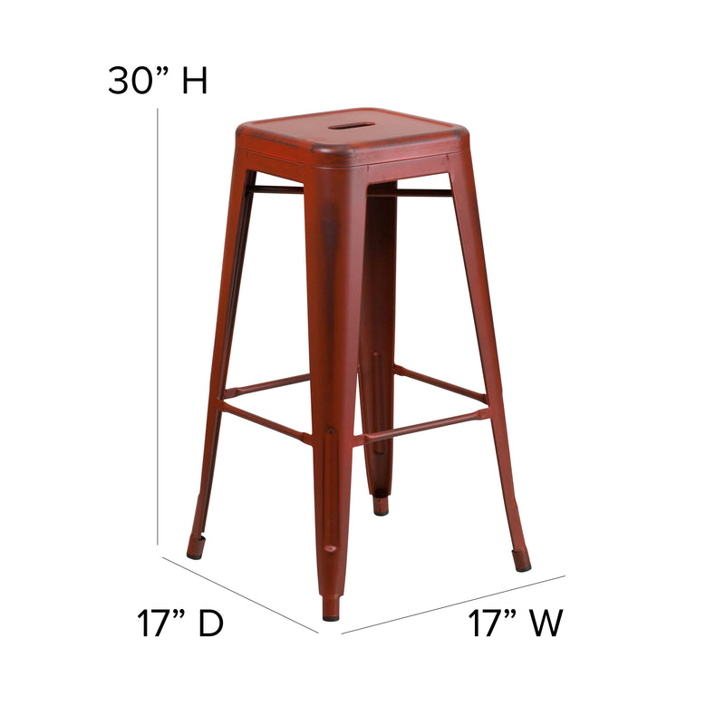 Commercial Grade 30" High Backless Distressed Kelly Red Metal Indoor-Outdoor Barstool