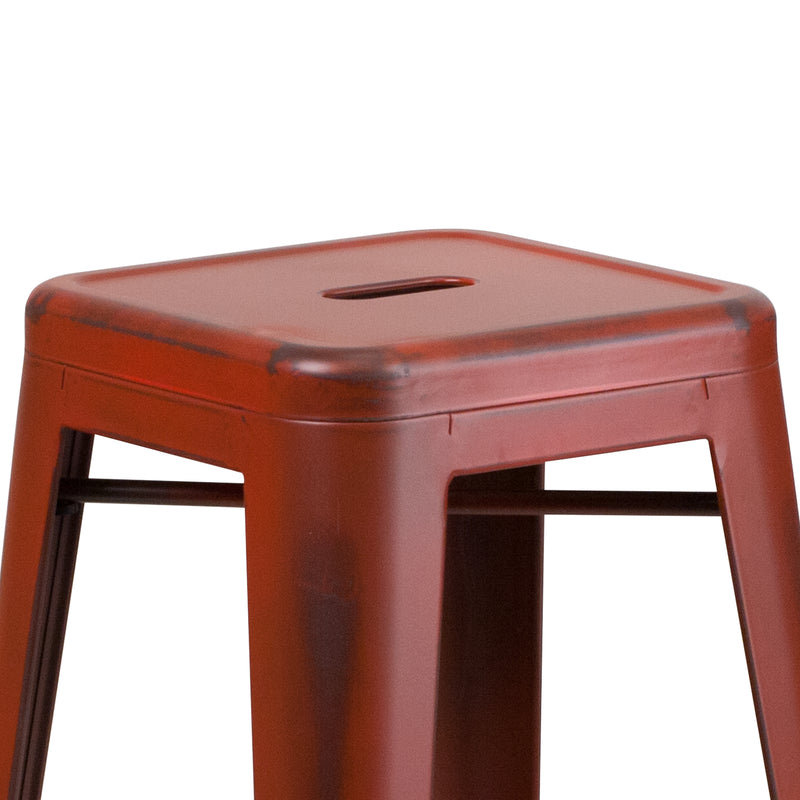 Commercial Grade 30" High Backless Distressed Kelly Red Metal Indoor-Outdoor Barstool