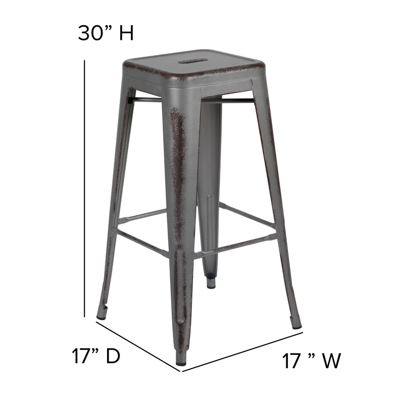 Commercial Grade 30" High Backless Distressed Silver Gray Metal Indoor-Outdoor Barstool