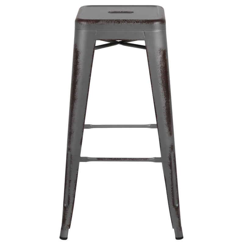 Commercial Grade 30" High Backless Distressed Silver Gray Metal Indoor-Outdoor Barstool