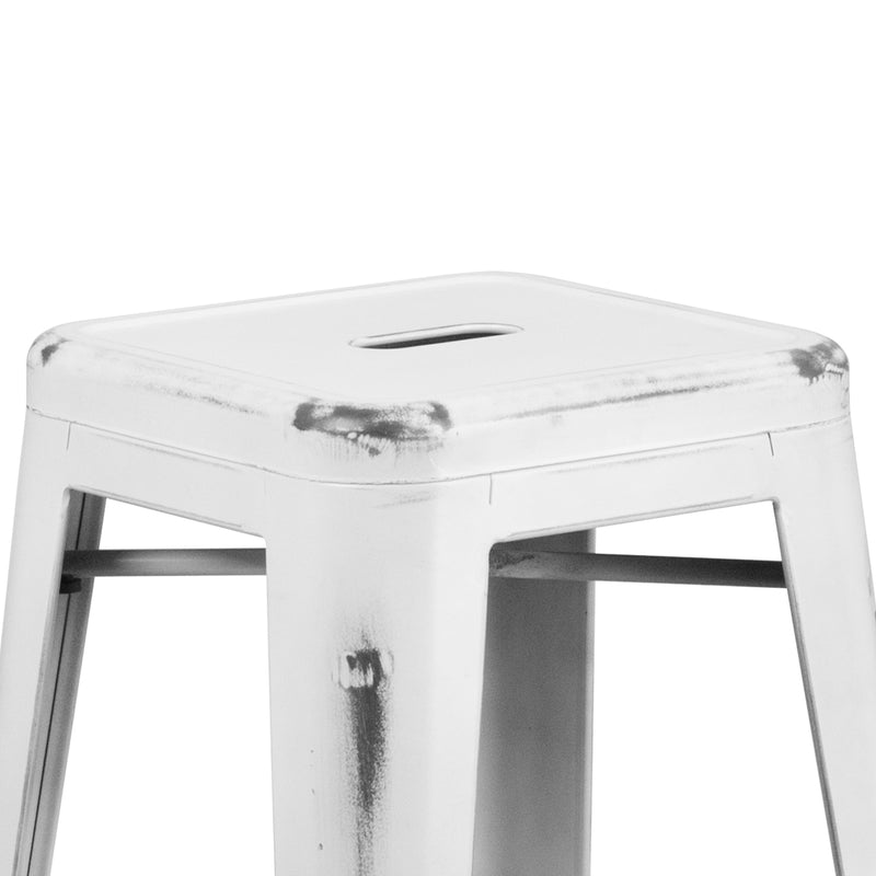 Commercial Grade 30" High Backless Distressed White Metal Indoor-Outdoor Barstool