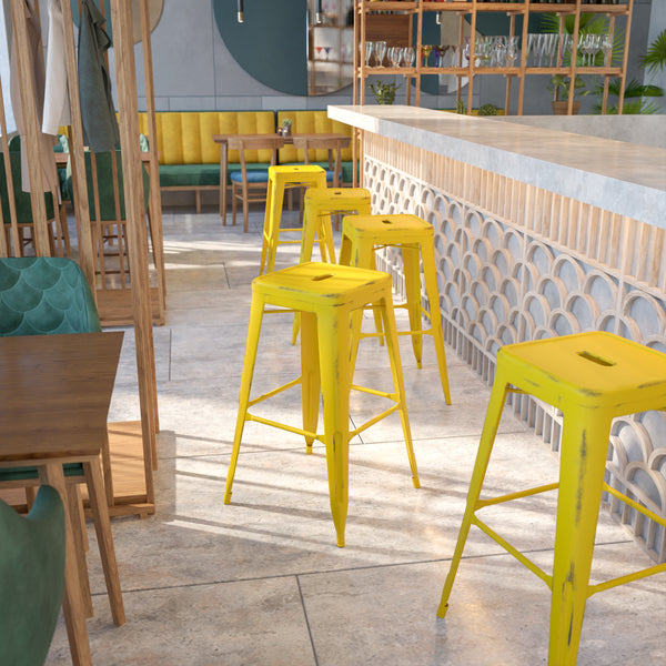 Commercial Grade 30" High Backless Distressed Yellow Metal Indoor-Outdoor Barstool