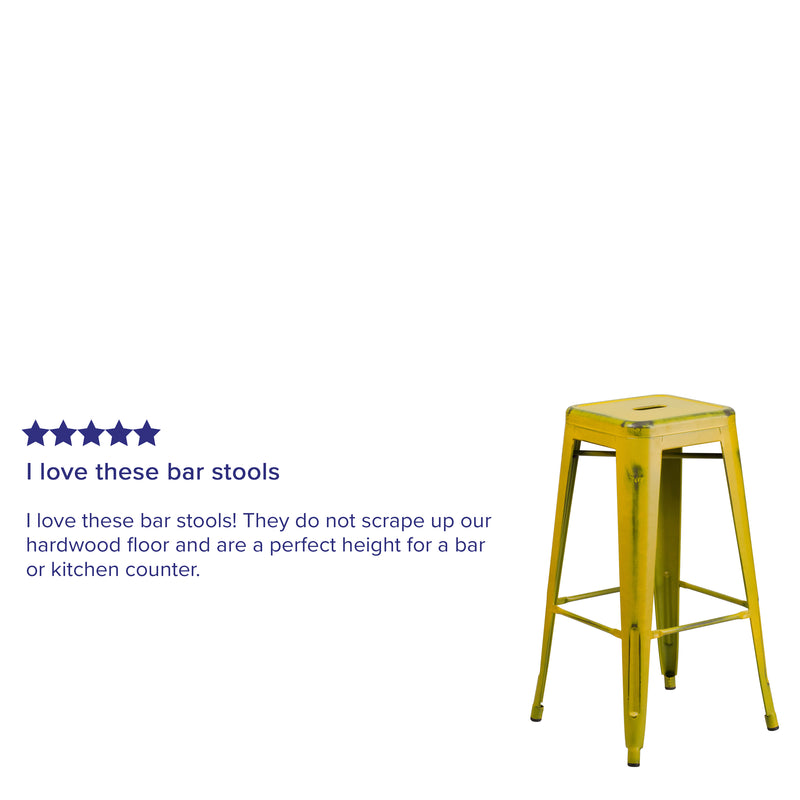 Commercial Grade 30" High Backless Distressed Yellow Metal Indoor-Outdoor Barstool