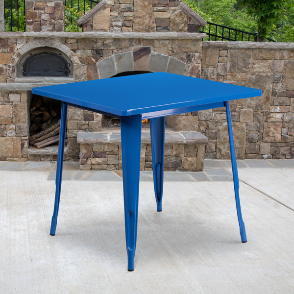 Commercial Grade 31.5" Square Blue Metal Indoor-Outdoor Table