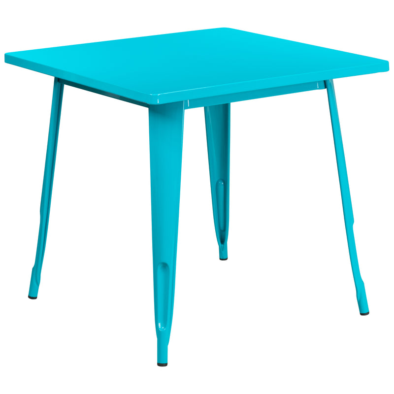 Commercial Grade 31.5" Square Crystal Teal-Blue Metal Indoor-Outdoor Table