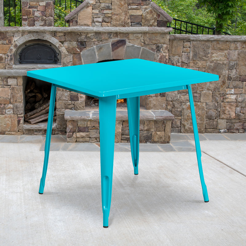 Commercial Grade 31.5" Square Crystal Teal-Blue Metal Indoor-Outdoor Table