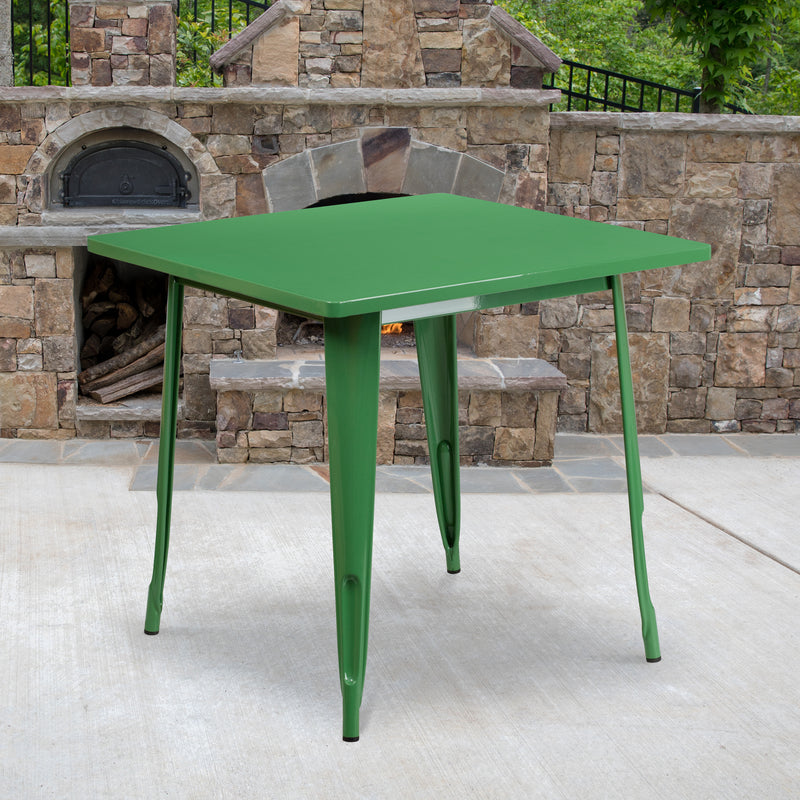 Commercial Grade 31.5" Square Green Metal Indoor-Outdoor Table