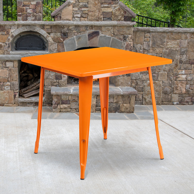 Commercial Grade 31.5" Square Orange Metal Indoor-Outdoor Table