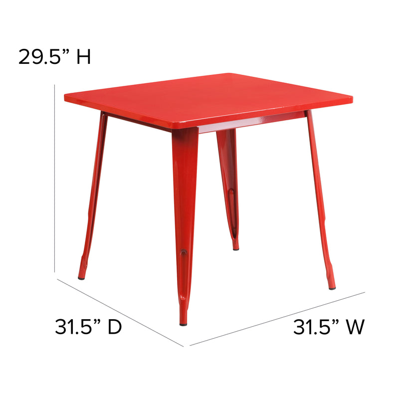 Commercial Grade 31.5" Square Red Metal Indoor-Outdoor Table