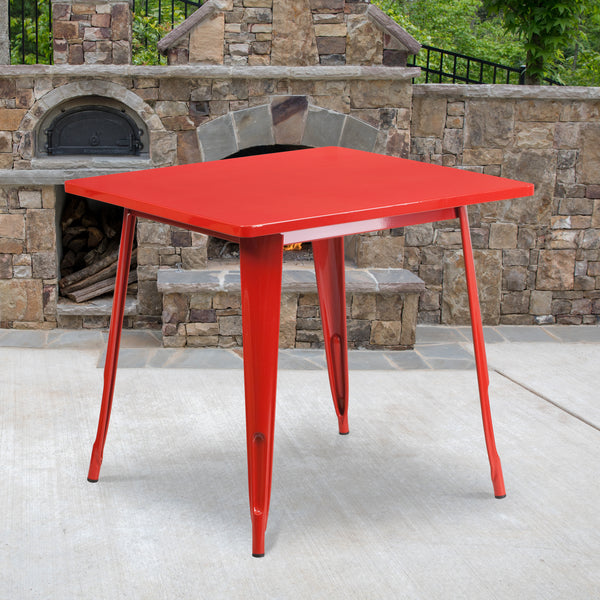 Commercial Grade 31.5" Square Red Metal Indoor-Outdoor Table