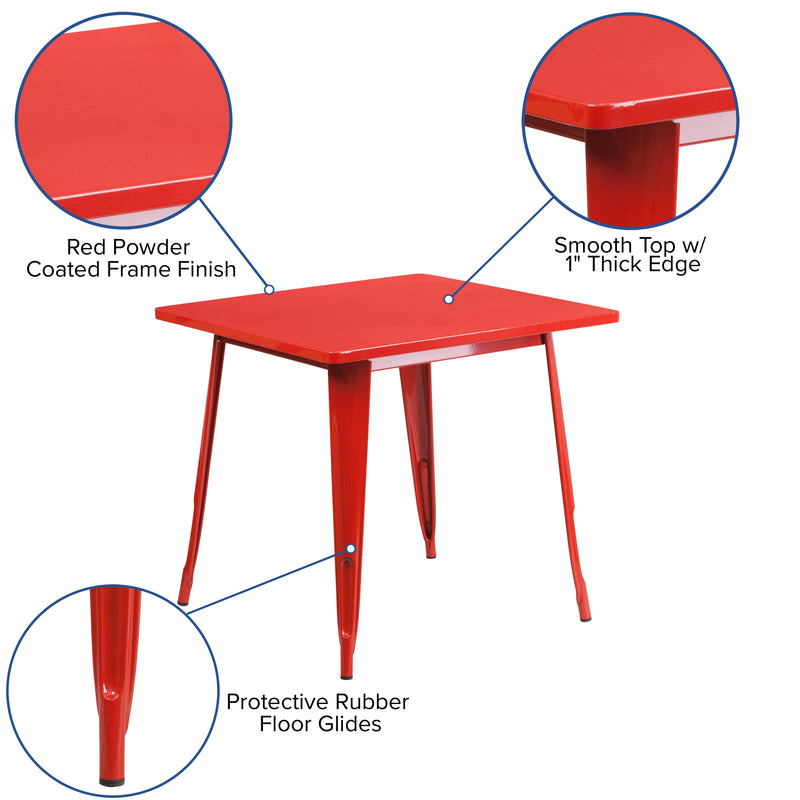 Commercial Grade 31.5" Square Red Metal Indoor-Outdoor Table