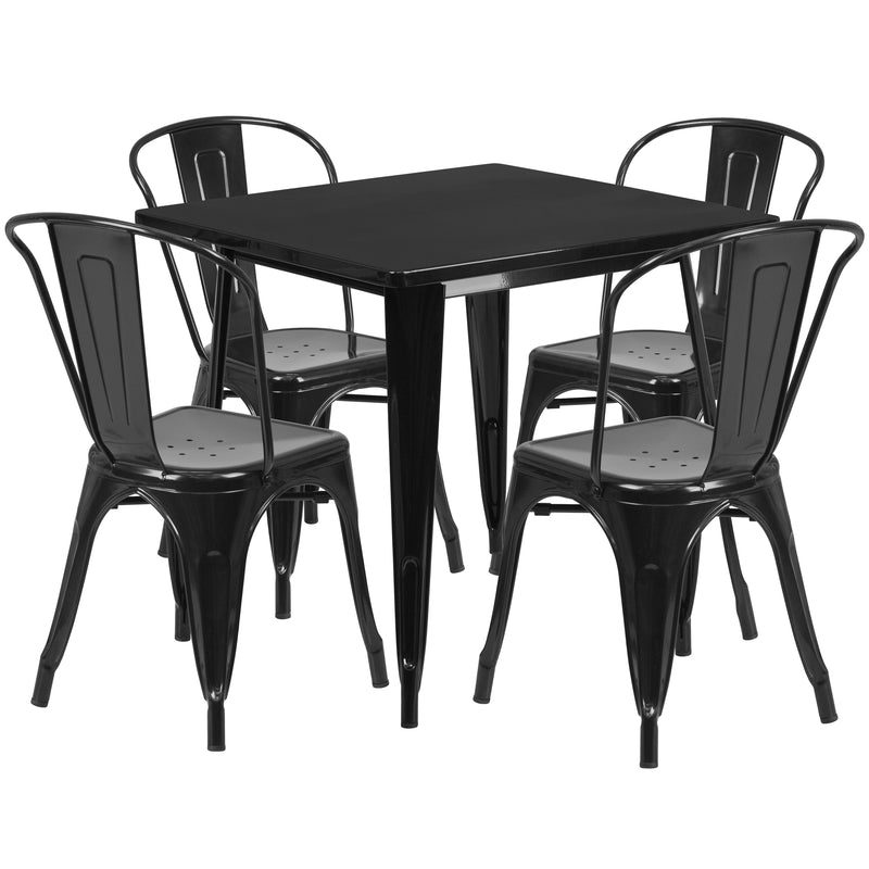 Commercial Grade 31.5" Square Black Metal Indoor-Outdoor Table Set with 4 Stack Chairs