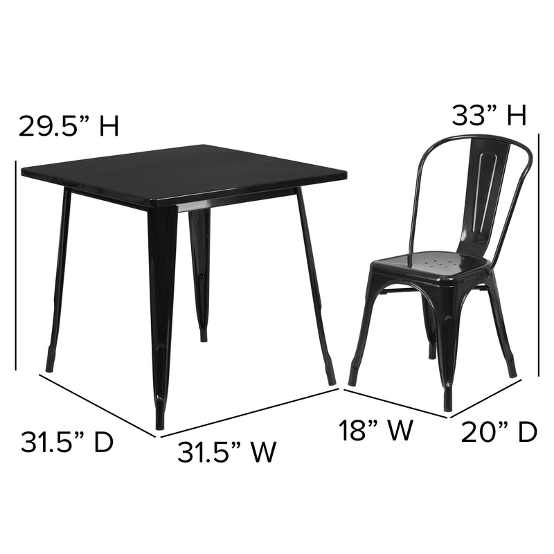 Commercial Grade 31.5" Square Black Metal Indoor-Outdoor Table Set with 4 Stack Chairs