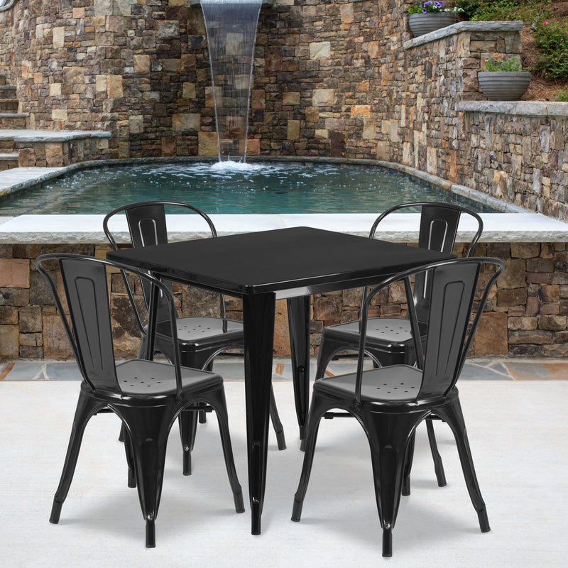 Commercial Grade 31.5" Square Black Metal Indoor-Outdoor Table Set with 4 Stack Chairs