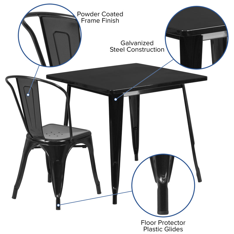 Commercial Grade 31.5" Square Black Metal Indoor-Outdoor Table Set with 4 Stack Chairs