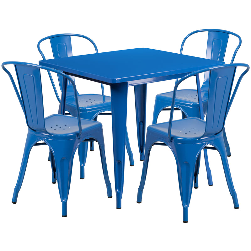 Commercial Grade 31.5" Square Blue Metal Indoor-Outdoor Table Set with 4 Stack Chairs