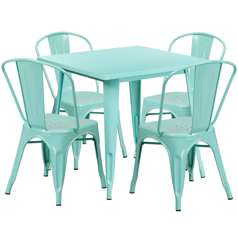 Commercial Grade 31.5" Square Mint Green Metal Indoor-Outdoor Table Set with 4 Stack Chairs