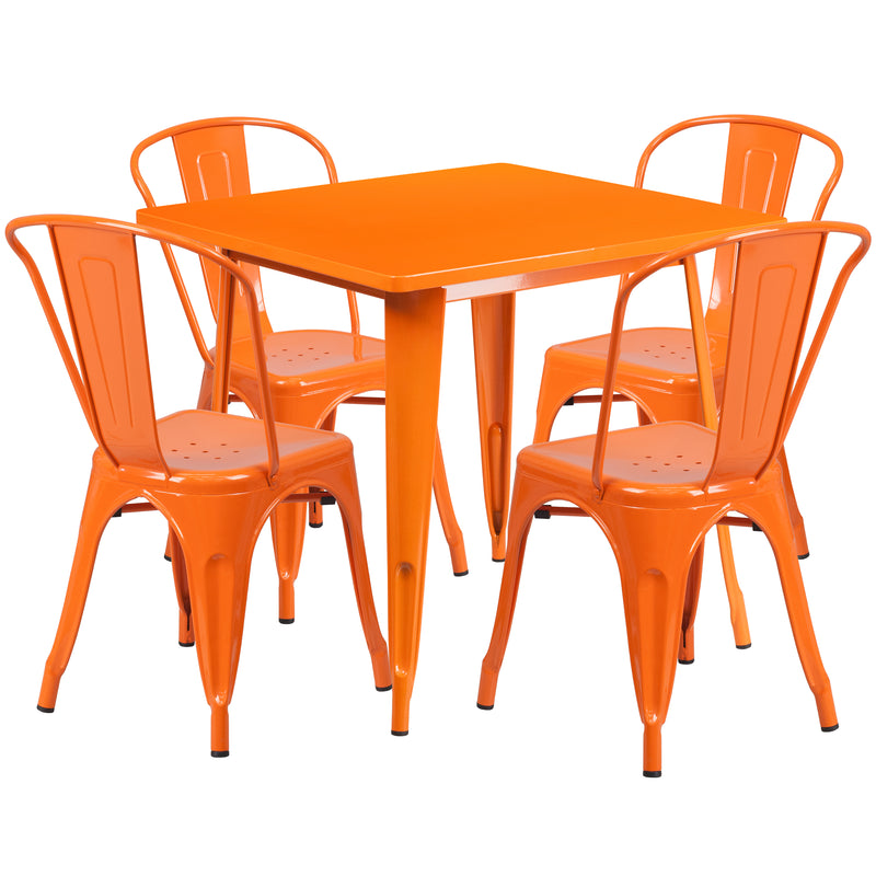 Commercial Grade 31.5" Square Orange Metal Indoor-Outdoor Table Set with 4 Stack Chairs