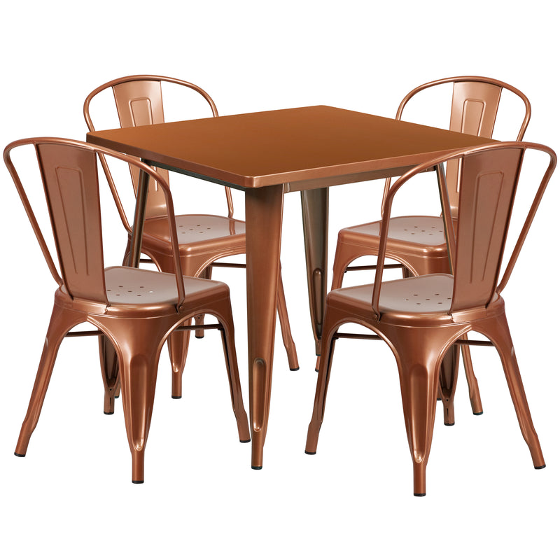 Commercial Grade 31.5" Square Copper Metal Indoor-Outdoor Table Set with 4 Stack Chairs