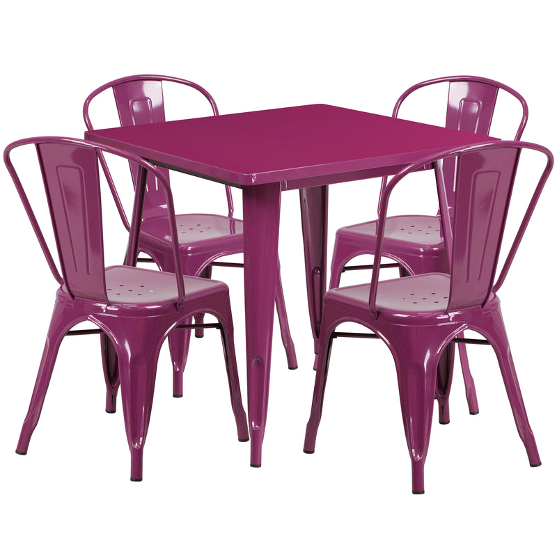 Commercial Grade 31.5" Square Purple Metal Indoor-Outdoor Table Set with 4 Stack Chairs