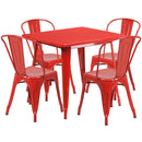 Commercial Grade 31.5" Square Red Metal Indoor-Outdoor Table Set with 4 Stack Chairs