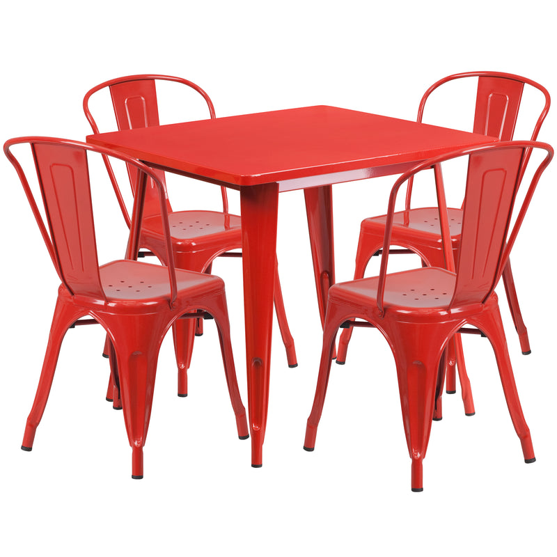 Commercial Grade 31.5" Square Red Metal Indoor-Outdoor Table Set with 4 Stack Chairs