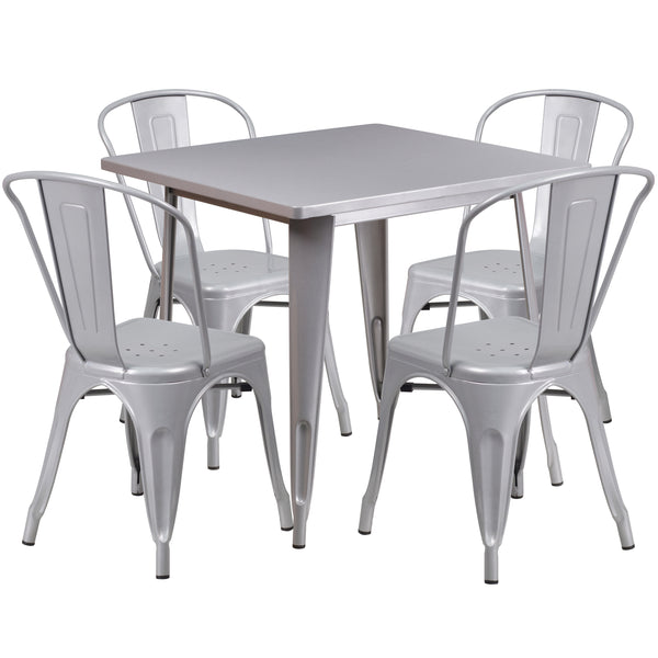 Commercial Grade 31.5" Square Silver Metal Indoor-Outdoor Table Set with 4 Stack Chairs