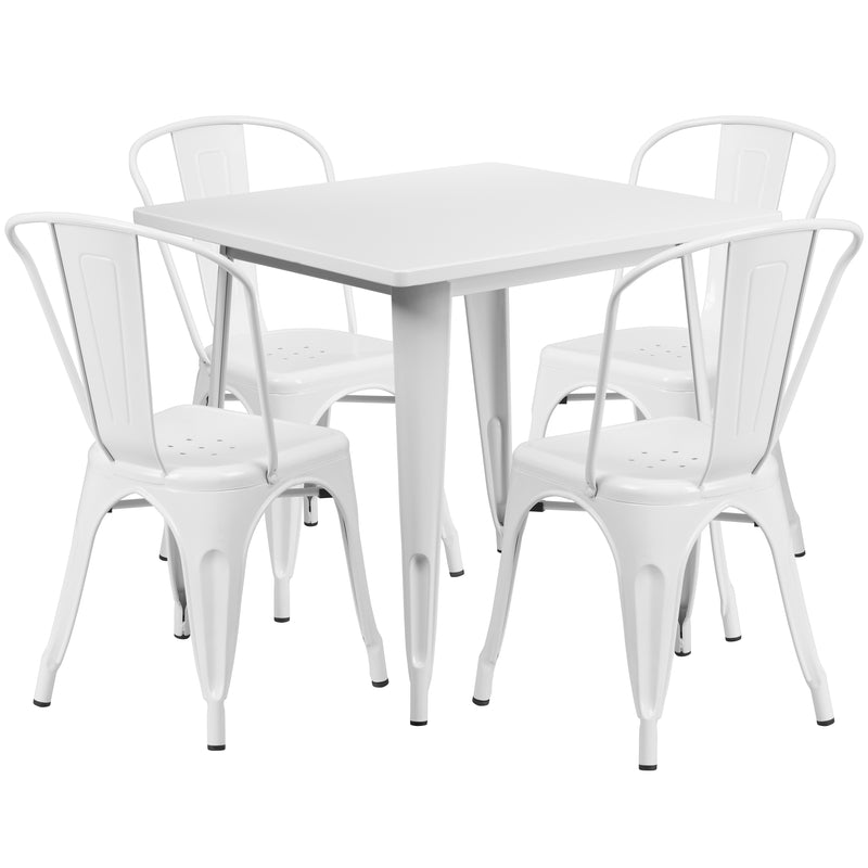 Commercial Grade 31.5" Square White Metal Indoor-Outdoor Table Set with 4 Stack Chairs