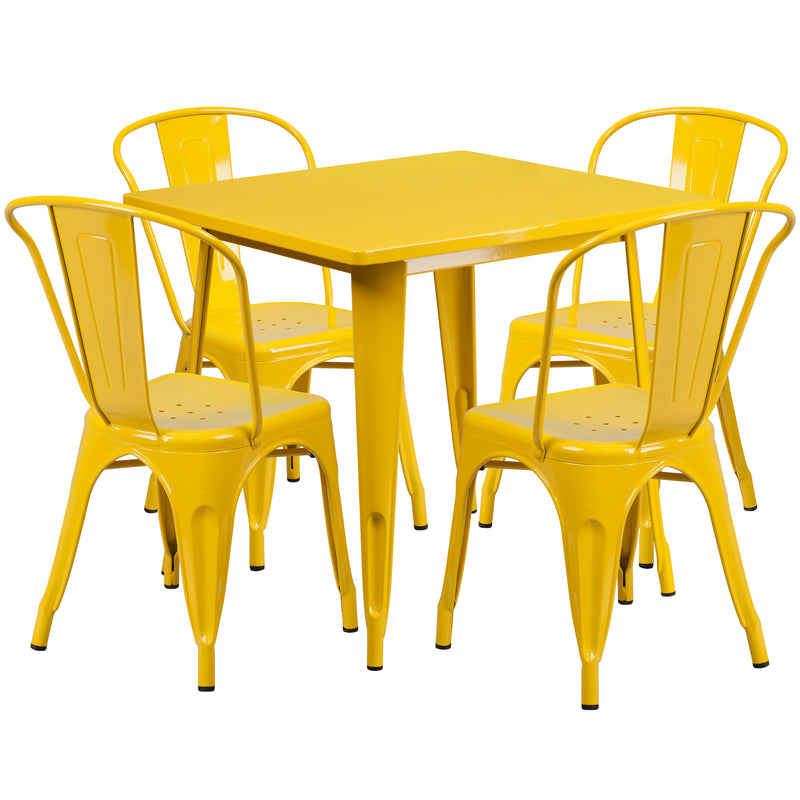 Commercial Grade 31.5" Square Yellow Metal Indoor-Outdoor Table Set with 4 Stack Chairs