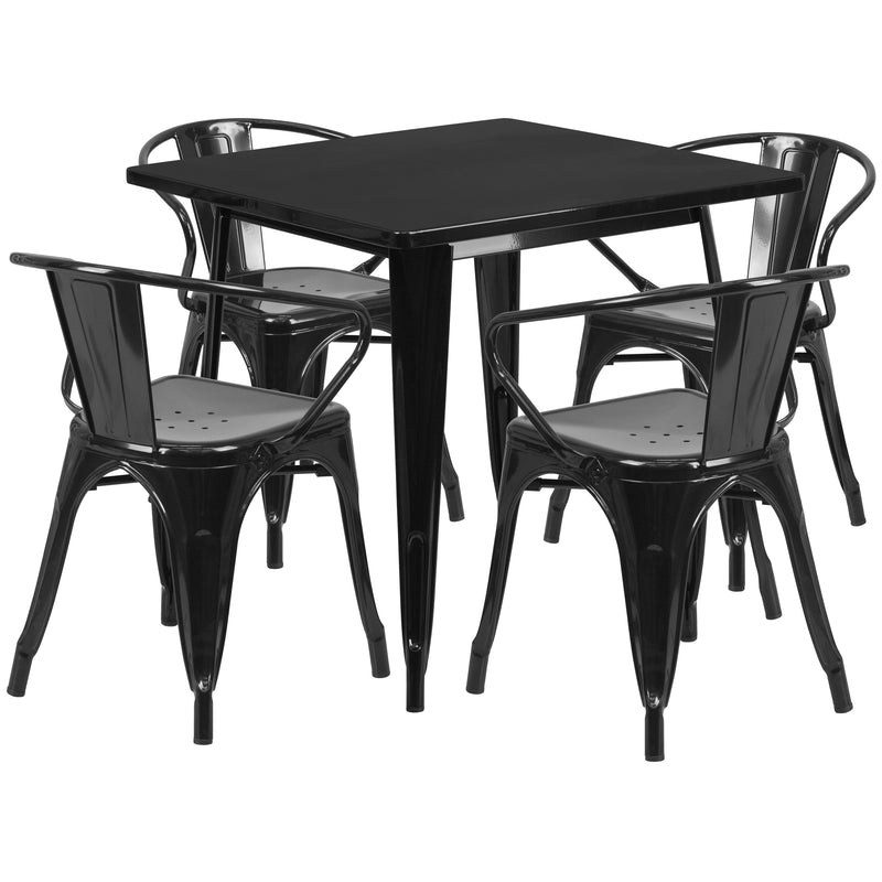 Commercial Grade 31.5" Square Black Metal Indoor-Outdoor Table Set with 4 Arm Chairs