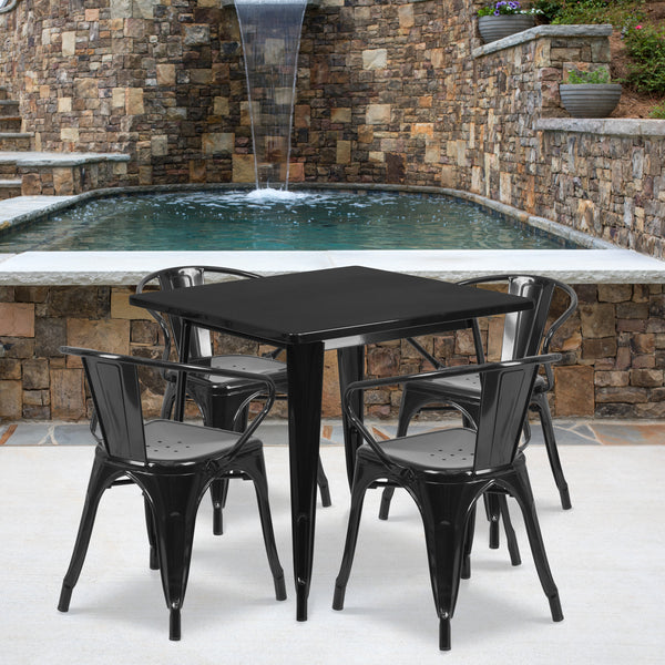 Commercial Grade 31.5" Square Black Metal Indoor-Outdoor Table Set with 4 Arm Chairs